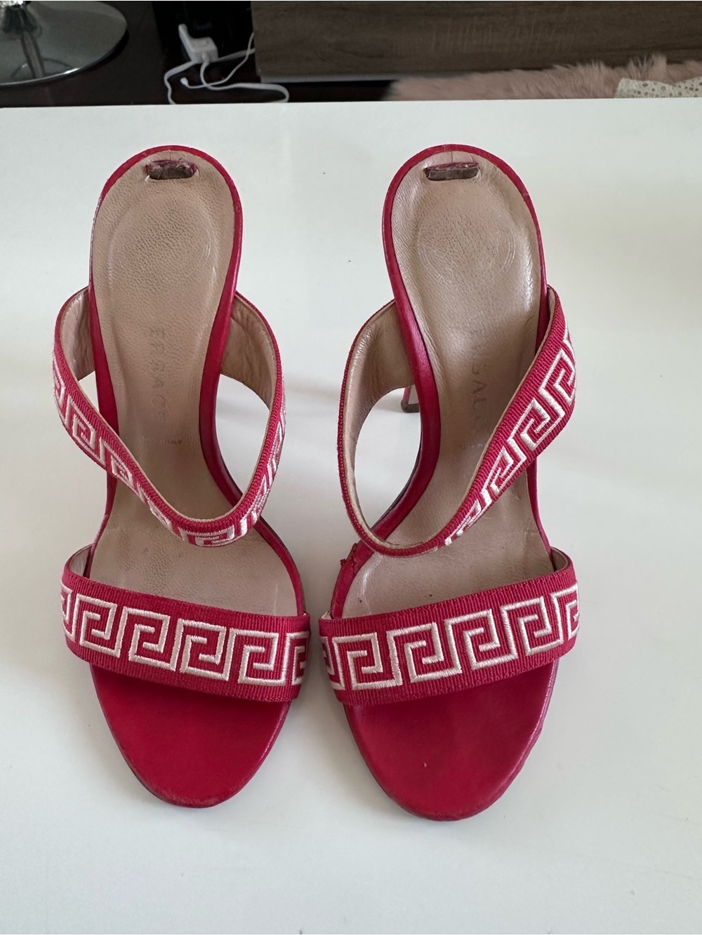 Versace vintage red white sandal heels sz 35 READ DESCRIPTION